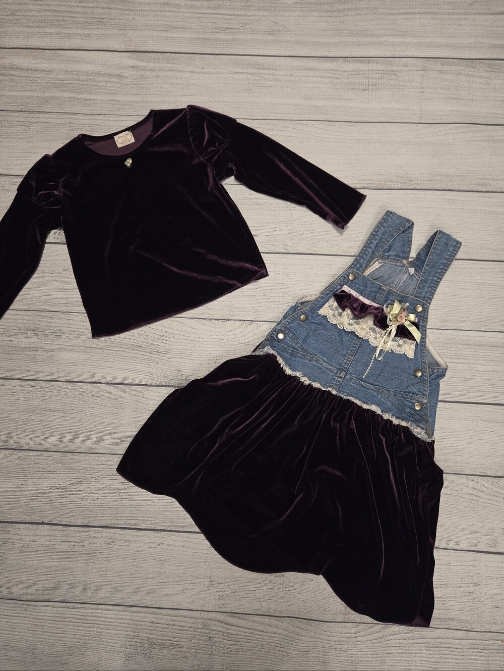 Velvet Purple Shirt with Denim Pinafore Overlap